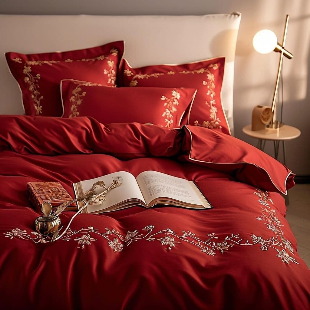 European Style High-End Romantic Wedding Four-Piece Set Red Premium Feel Wedding Embroidered Duvet Cover Sheet Bedding Factory