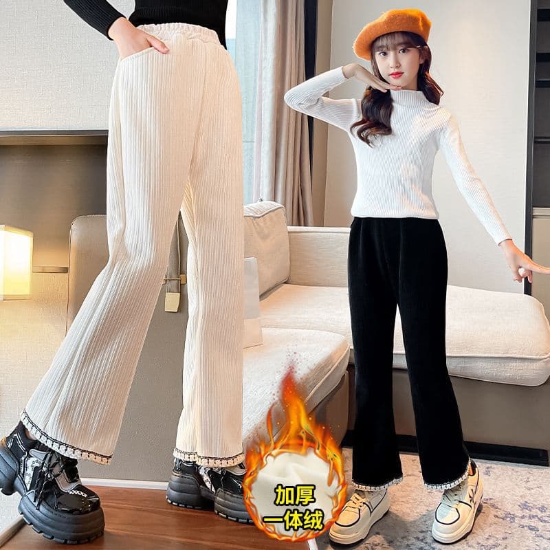 Girls Corduroy Pants for Fall Winter, Thickened Wide-Leg Casual Flared Trousers for Older Kids