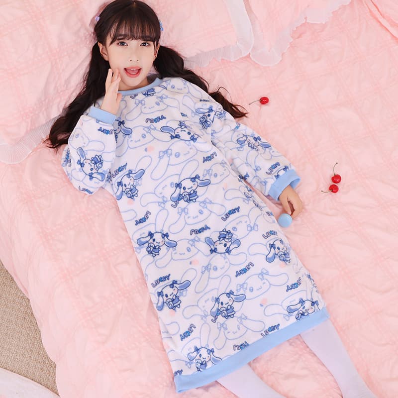 Cross-border Autumn/Winter Children's Pajamas, Girls' Long Sleeve Flannel Sweet Cartoon Print, Small/Medium/Large Girls' Warm Sleep Dress