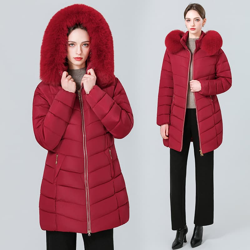 European and American Winter Korean Style New Cotton Coat Women Mid-Length Slim Cotton Padded Jacket with Large Fur Collar Down Cotton Coat Outerwear Wholesale