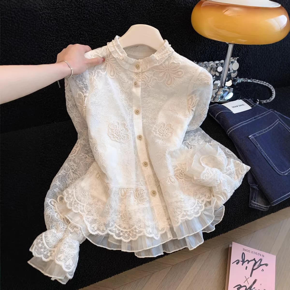 French Court Style Lace Embroidered Blouse for Women, Early Spring Korean Version Elegant Ruffle Detail Heavy Craftsmanship Long Sleeve Top