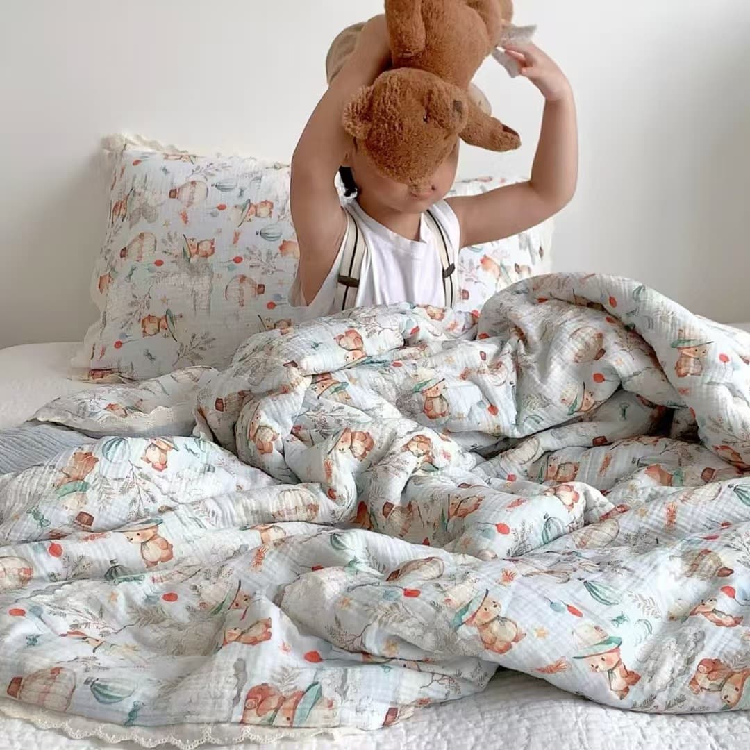 Children's Digital Printed Crinkled Gauze Summer Quilt, Baby Kindergarten Cartoon Cute Lace Trim Air Conditioning Blanket