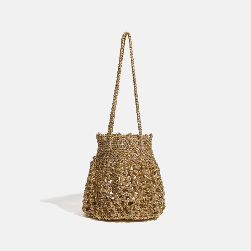 Niche Handmade Crochet Woven Bag with a High-End Feel, French-Style Hollow-Out Large-Capacity Bucket Bag, Korean-Style Shiny Silver Thread Shoulder Bag