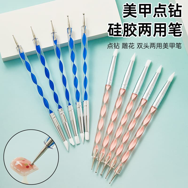 Factory Direct Nail Art Double-Ended Silicone Dotting Pen 5-Pack, Embossing Pen, Polymer Clay Dotting Pen, Nail Art Tool Flower Needle