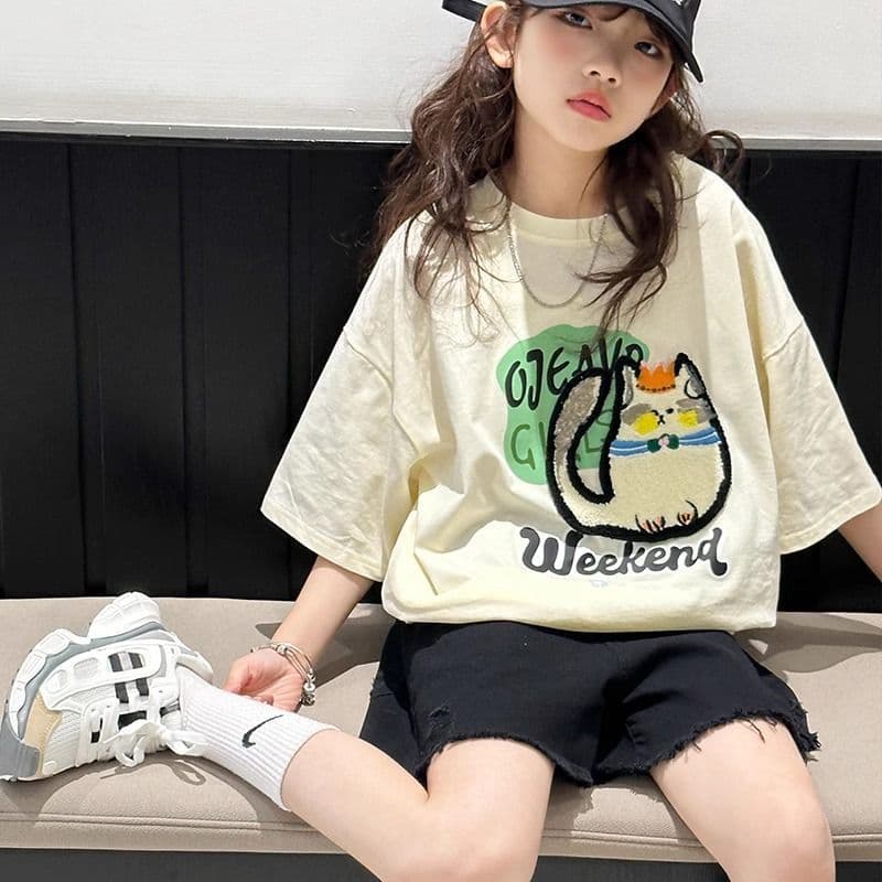 Pure cotton girls short-sleeved children's clothing summer white T-shirt 2026 new style medium and large children summer girls fashionable tops