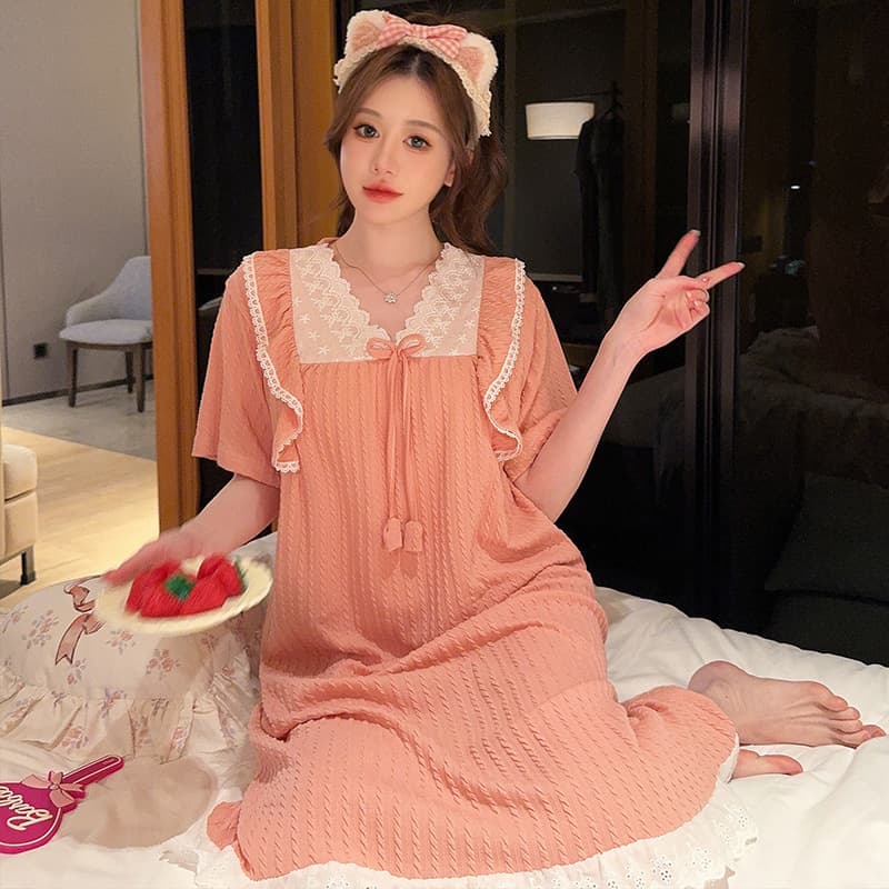 Princess Style Plus Size Sleep Dress for Women, Cute Summer Loose Jacquard Cotton Lace Homewear, Medium-Length Sweet Dress