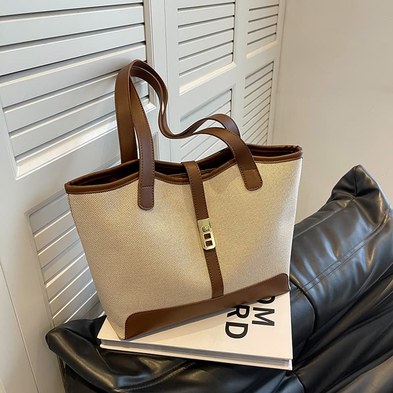 Trendy Large Capacity Canvas Tote Bag Women's Commuter Shoulder Bag Simple Urban Style PU Material Zipper Closure Daily Match