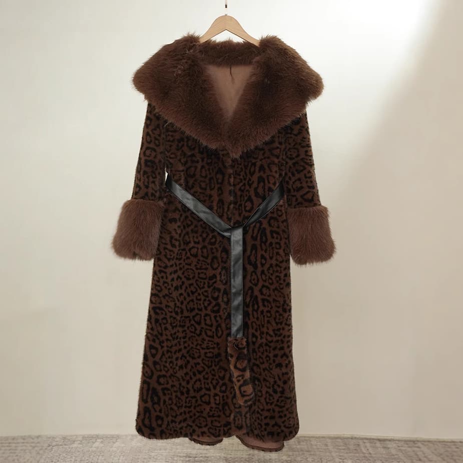 European and American Style Big Fur Collar Leopard Print Fur Coat Street Style Fur Integrated Coat Women's 2024 Winter New