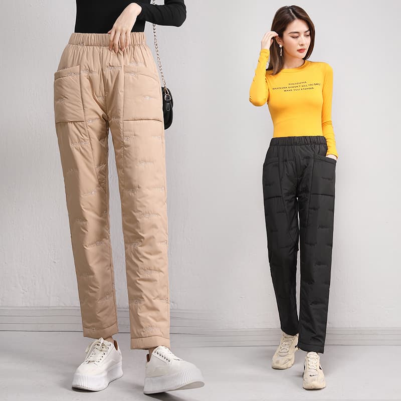 Lightweight down-filled cotton pants for women, fashionable 2025 winter new style, straight leg, loose fit, slimming, plus size, warm pants for women.