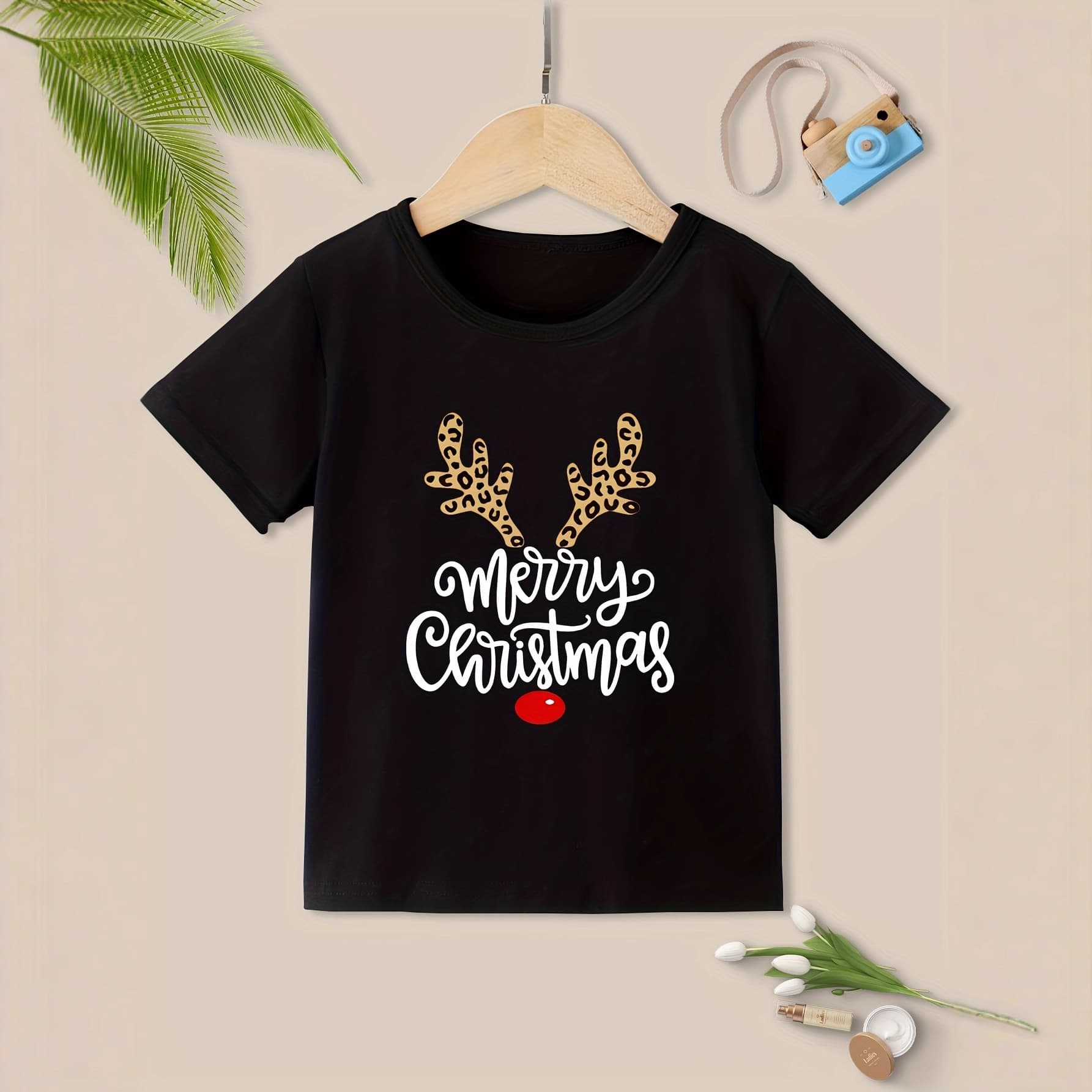 Overseas Cross-Border Stock Amazon Europe Children's Clothing Christmas Leopard Print Reindeer Antler T-Shirt Short Sleeve Top