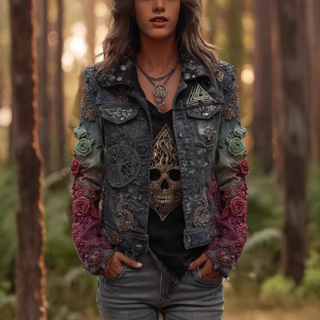 Cross-border autumn retro washed denim jacket for women, with a design-conscious patchwork print and rolled-up cuffs, new style top.