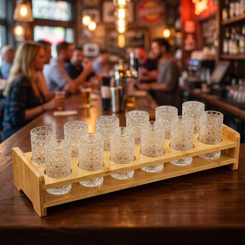 Gem Pattern Shot Glass Glass B52 Cocktail Glass 12-Hole Wood Cup Holder Set Foreign Wine Glass Straight-Body Liquor Glass