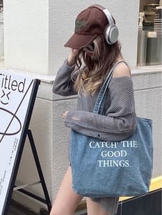 Zhang Ruotong Same Style Denim Bag Commute Work Bag Student Backpack Tutoring Bag Mom Bag Shopping Bag Tutoring Bag
