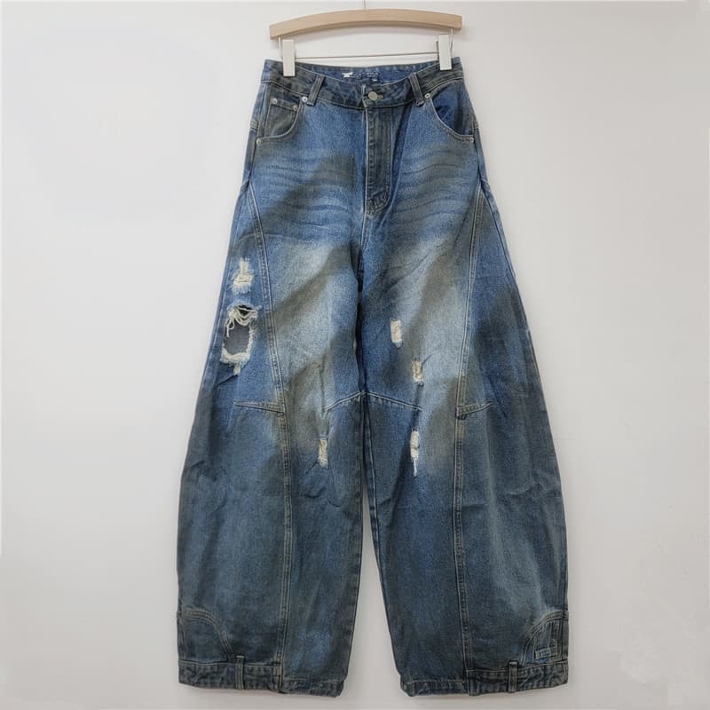 2025 Early Spring New American Retro Straight-Leg Ripped Loose Jeans for Women, Dirty Wash Floor-Length Wide-Leg Drooping Long Pants
