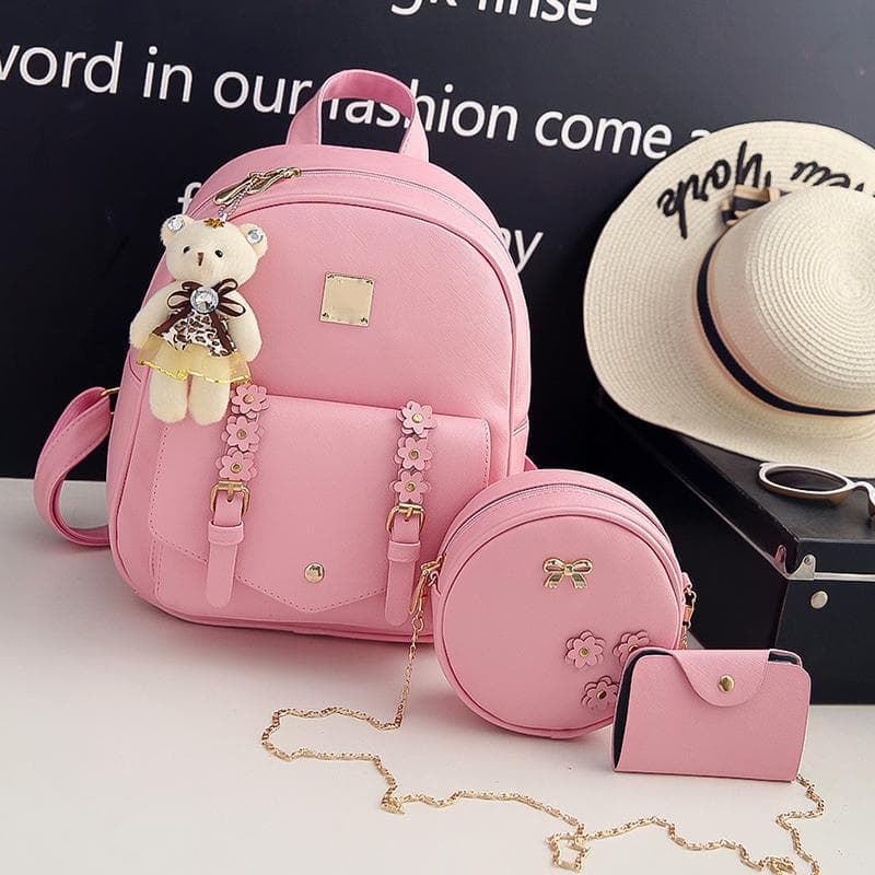 New Foreign Trade Style Small Flower Belt PU Three-Piece Set Backpack Multi-Use Rucksack Student School Bag Casual Versatile Women's Bag