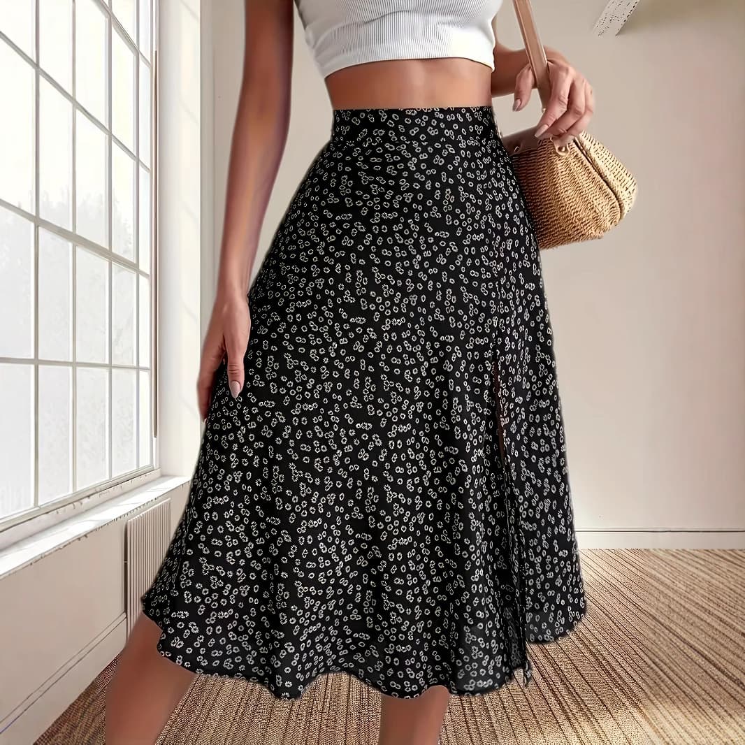Amazon European and American elegant floral skirt slit A-line hip mid-waist long skirt extra large size large skirt