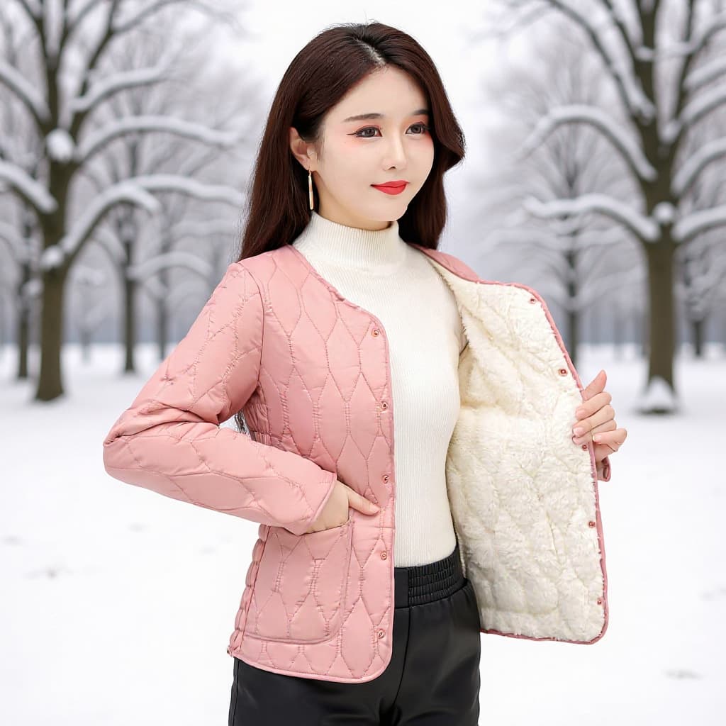 Winter Korean-style padded cotton coat with fleece lining, large size, diamond pattern, short and lightweight women's cotton jacket, fashionable and versatile.