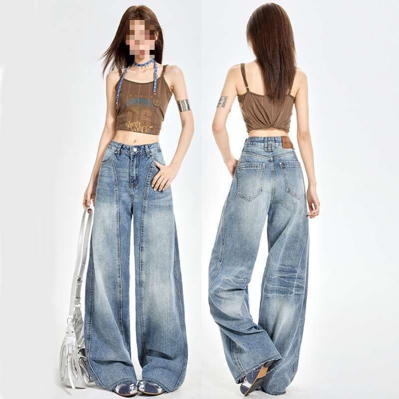 Autumn Design Frayed Curved Banana Jeans Loose Washed Versatile Vintage Dropped Hem Trendy Jeans