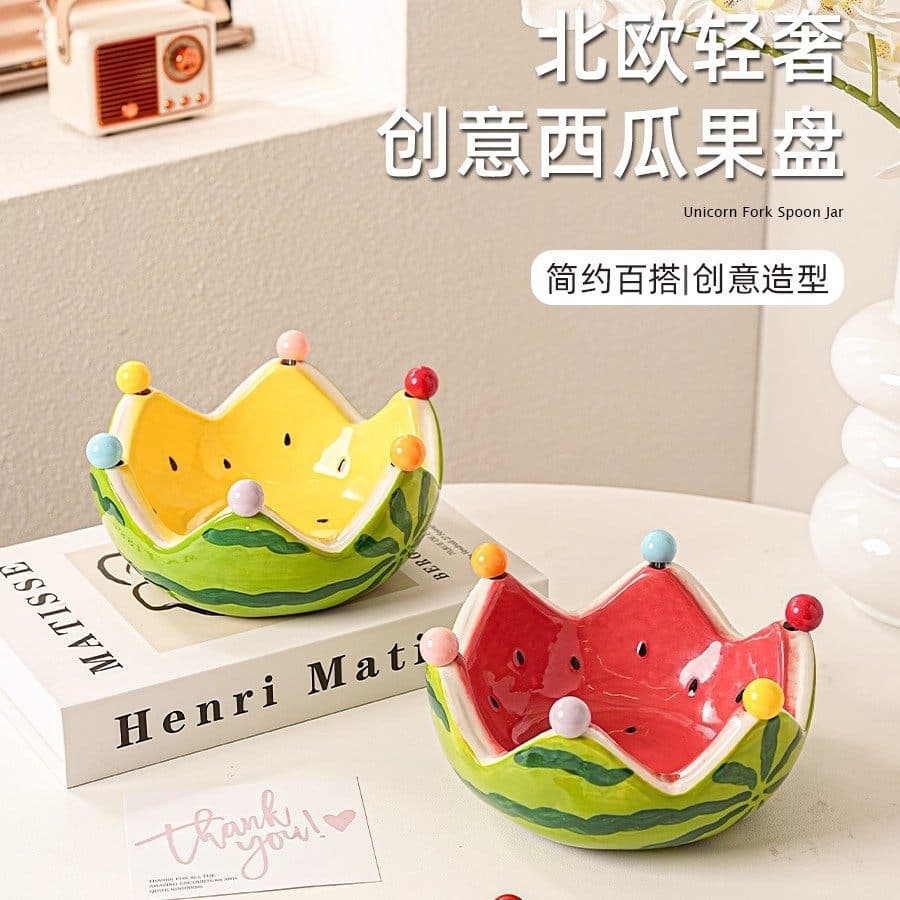 Ceramic Creative Watermelon Fruit Bowl with Forks, Home Living Room Fruit Salad Bowl, Cute Stainless Steel Fork Set
