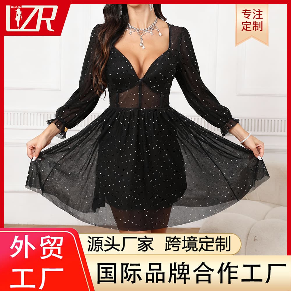 Cross-border new plus size women's sexy see-through skirt deep V mesh skirt with sequins sexy temptation dress