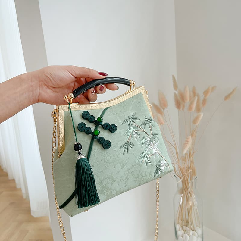 Lucky Bamboo Embroidery Handbag Women's Fashion Show Bag New Large Bag with Button Decoration Chinese Style Elegant Cheongsam Bag