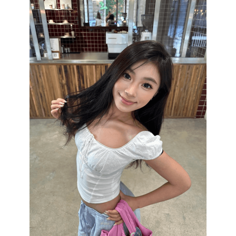 American Square Neck White Puff Sleeve Tie Crop Top for Women Summer Slimming Waist Lace Hot Girl Short Sleeve T-Shirt