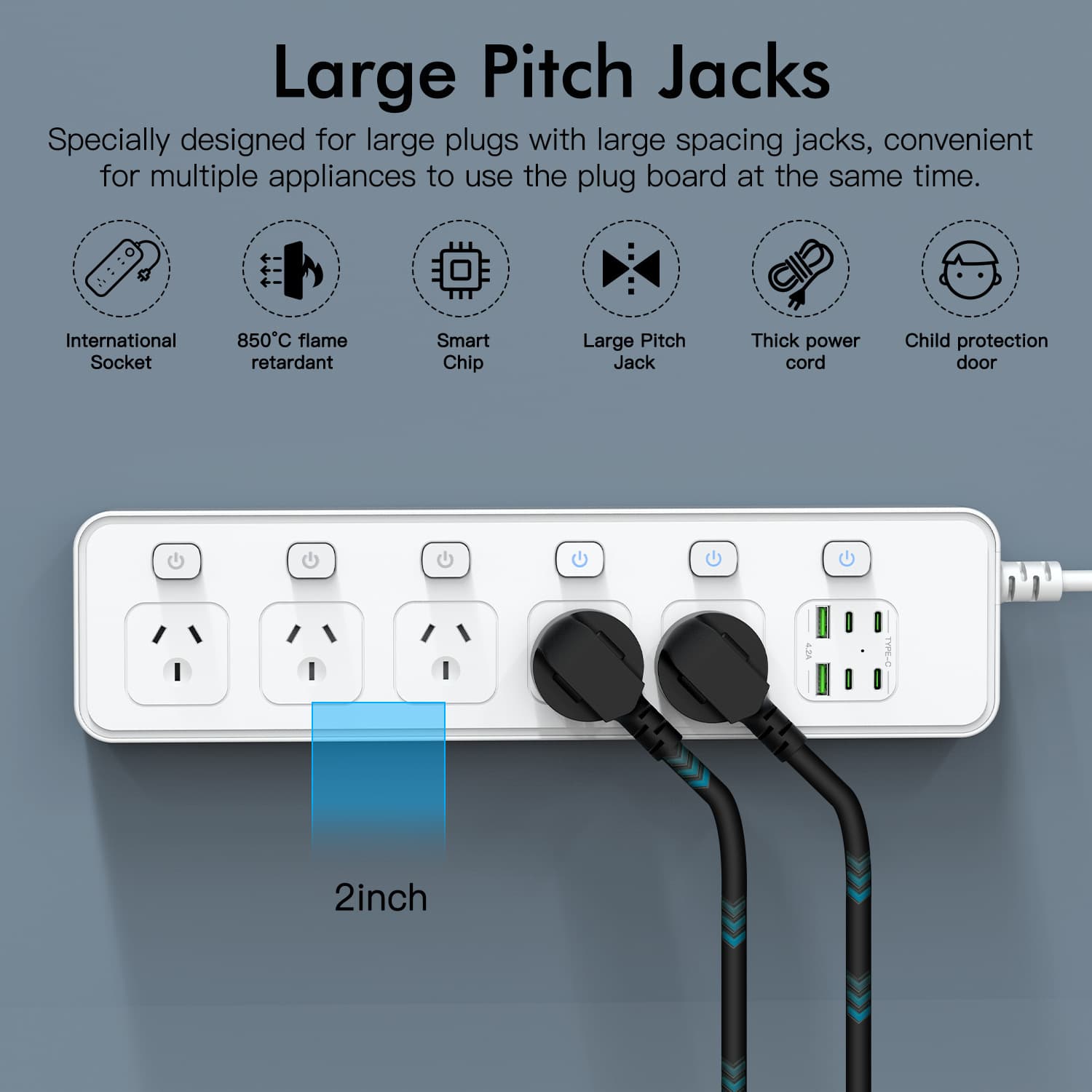 Australian Standard Special Hole Extension Cord with Plug, 5 Outlets with Independent Switches, 4C2U Multi-Port USB Charging, Cross-Border