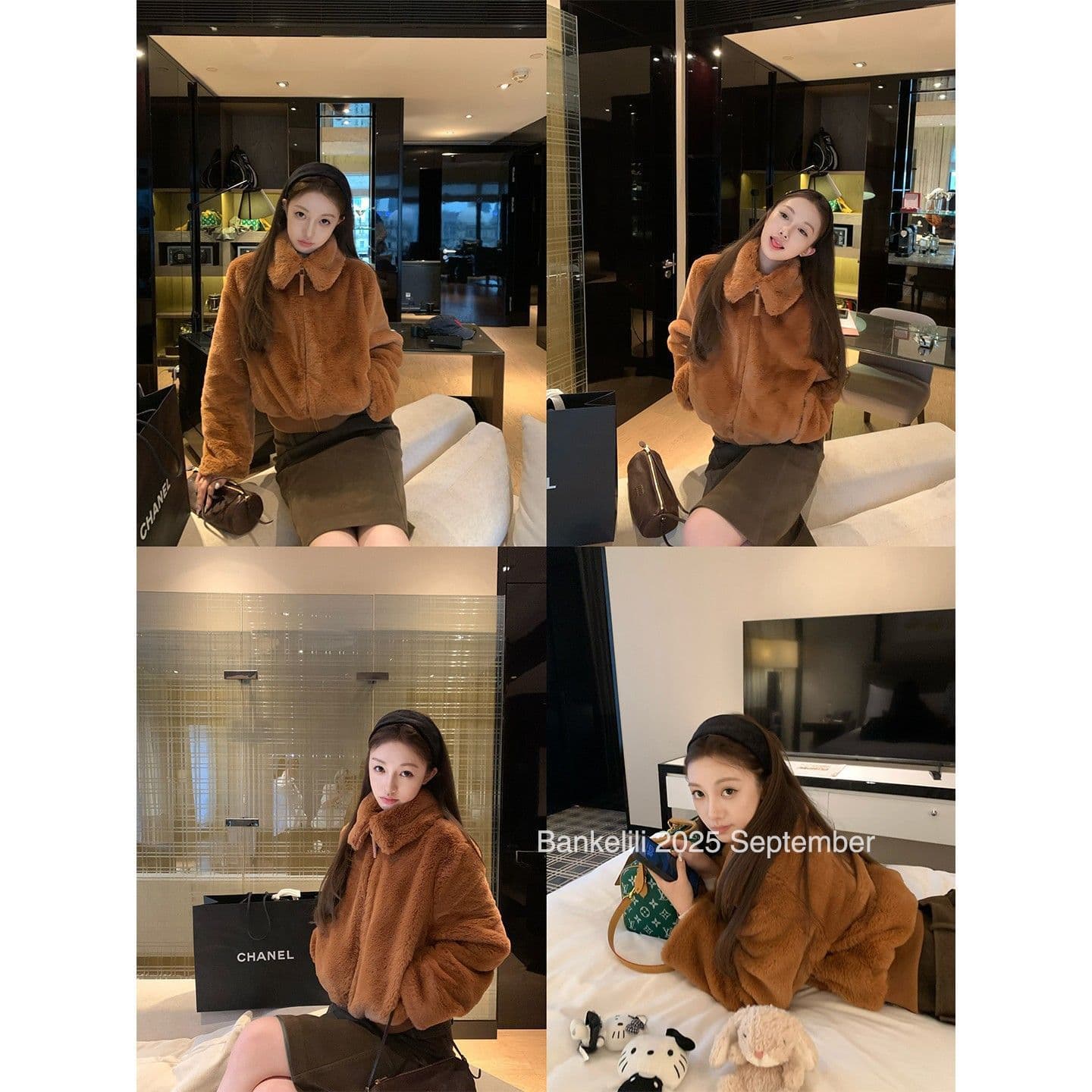 Anna's Same Style Faux Fur Collar Warm and Easy-to-Wear Faux Otter Rabbit Fur Coat, Short Women's Style, Others