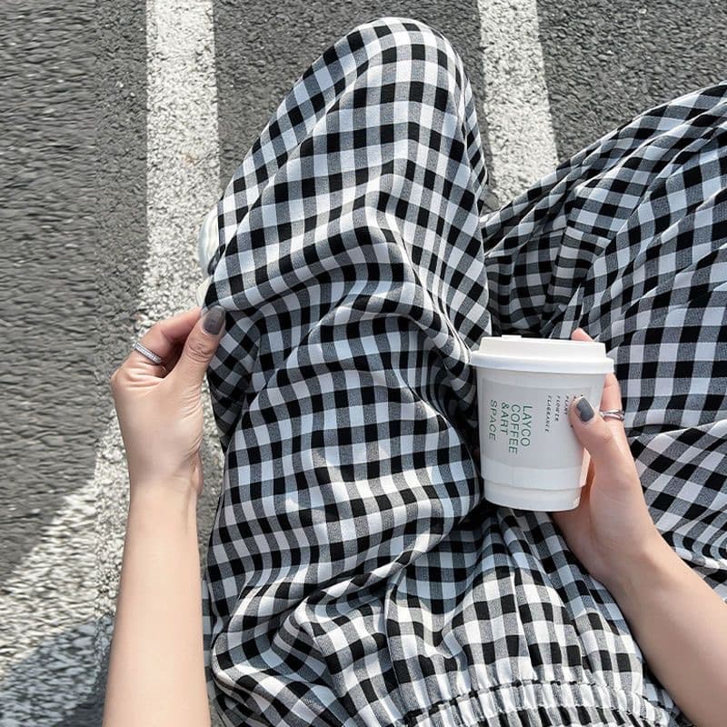 Ice Silk Plaid Loose Casual Pants for Women, Korean Style Trendy Versatile Black and White Thin Flowy Wide-Leg Floor-Length Trousers