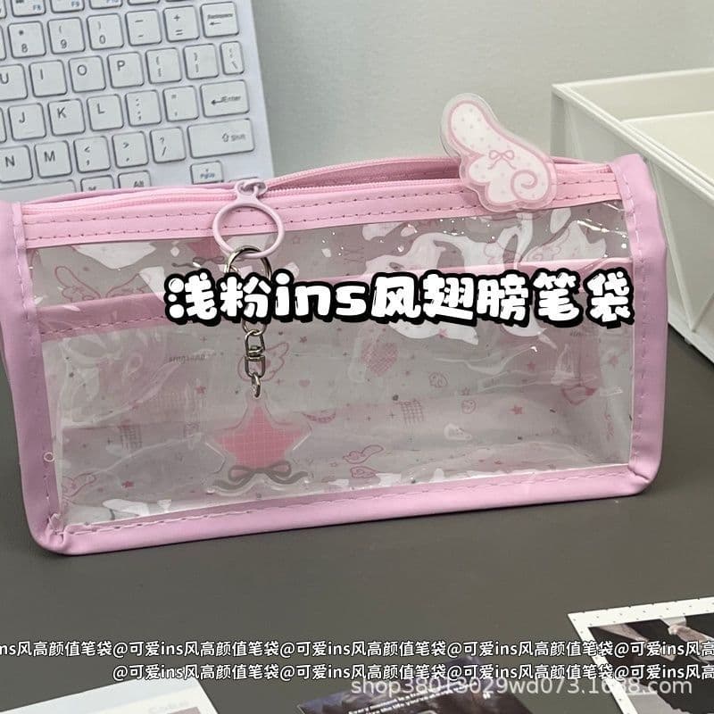 Light pink ins style wings transparent double-layer pencil case ins style high-looking student large capacity desktop storage pencil case