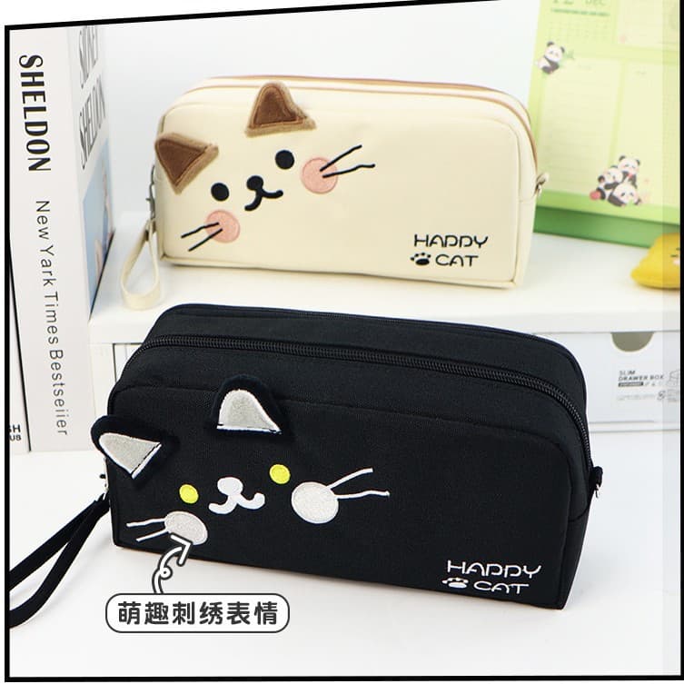 Large-capacity black and white cat pencil bag, portable primary school student design, niche stationery bag for primary and secondary school students