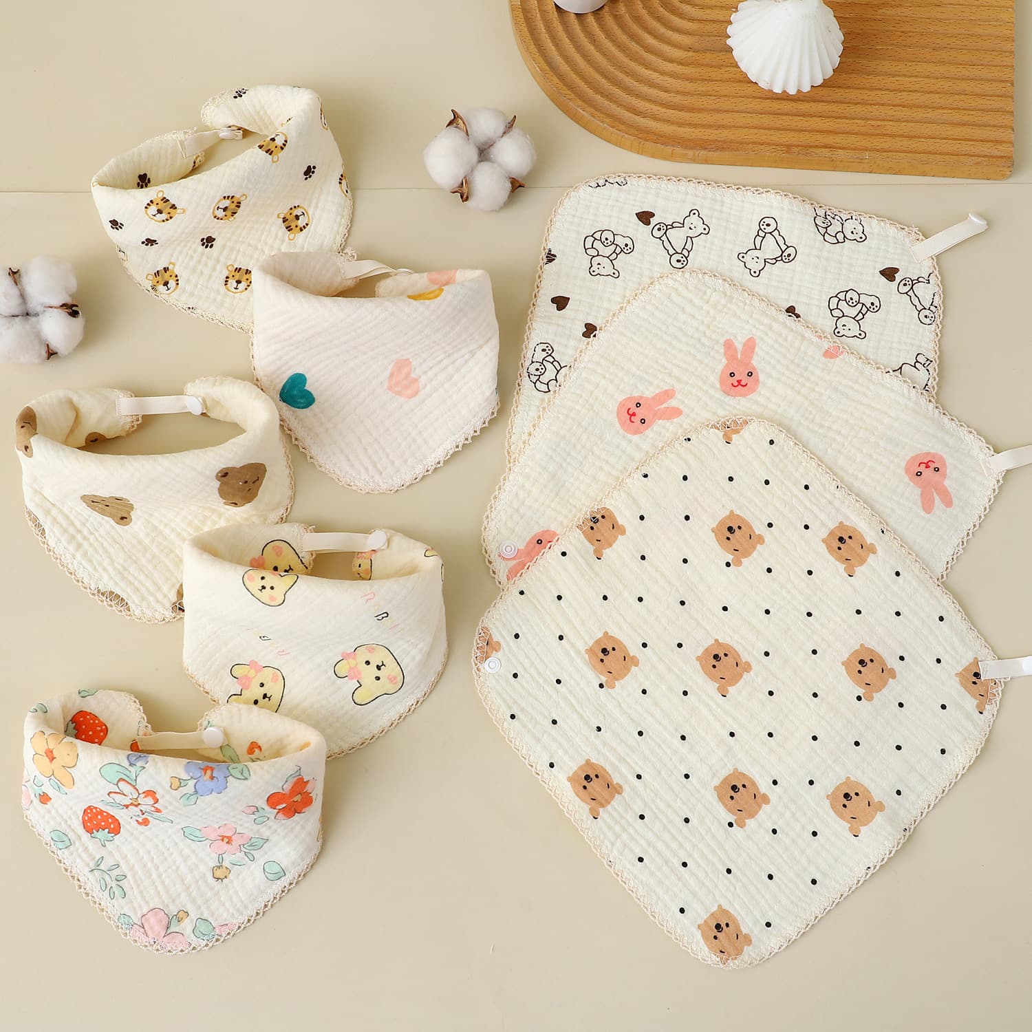 Newborn Baby Four-Season Triangular Bib, Soft Absorbent Gauze Face Towel, Small Square Towel, Drool Bib