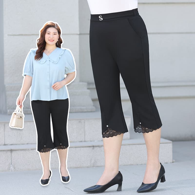Plus Size Capri Pants 2026 Summer New Thin Lace Flared Pants Women Korean Style Slimming Loose Black Women's Pants