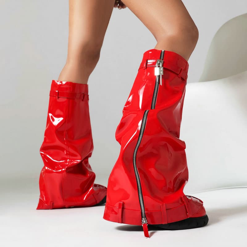 Autumn and Winter New Women's High Boots Patent Leather Thick-soled Round Toe Large Size Long Boots Belt Buckle Wedge Trouser Boots Performance Boots