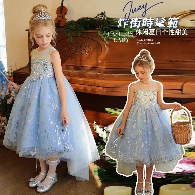 Girls Elsa Princess Dress Frozen Tail Dress Children's Birthday Performance Costume Elsa Dress
