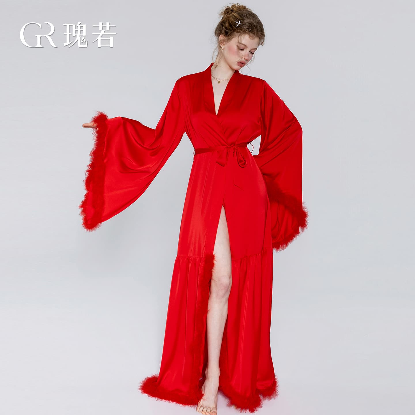 DZ Rosy Lazy Style Satin and Faux Fur Split Flounce Sash Tie Flared Sleeve Robe Loungewear 7466