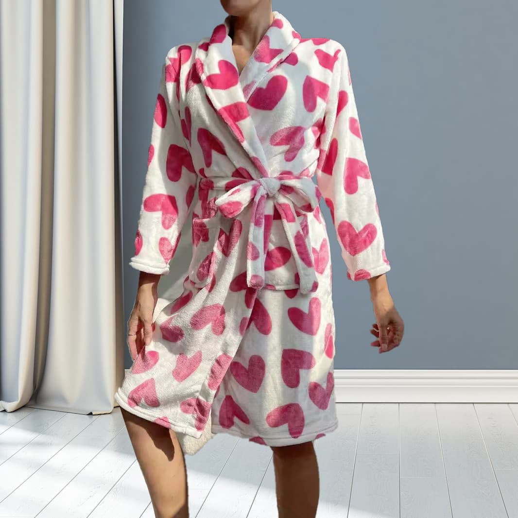 Autumn Winter Long Thickened Belted Sleep Robe Pink Heart Print Home Comfortable Warmth Women's Style Polyester Velvet Fabric