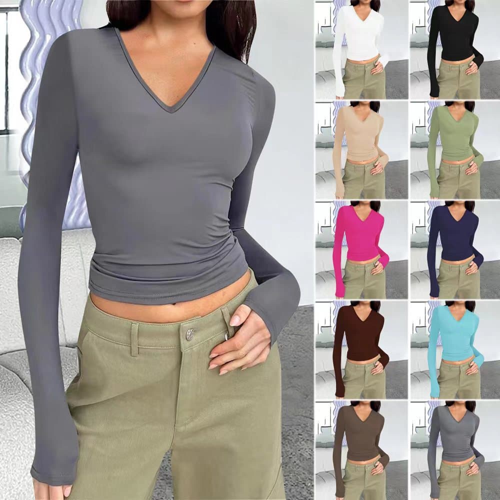 2025 Fall/Winter New Amazon Wish Women's V-Neck Long Sleeve Basic Slim Fit Versatile T-Shirt Top