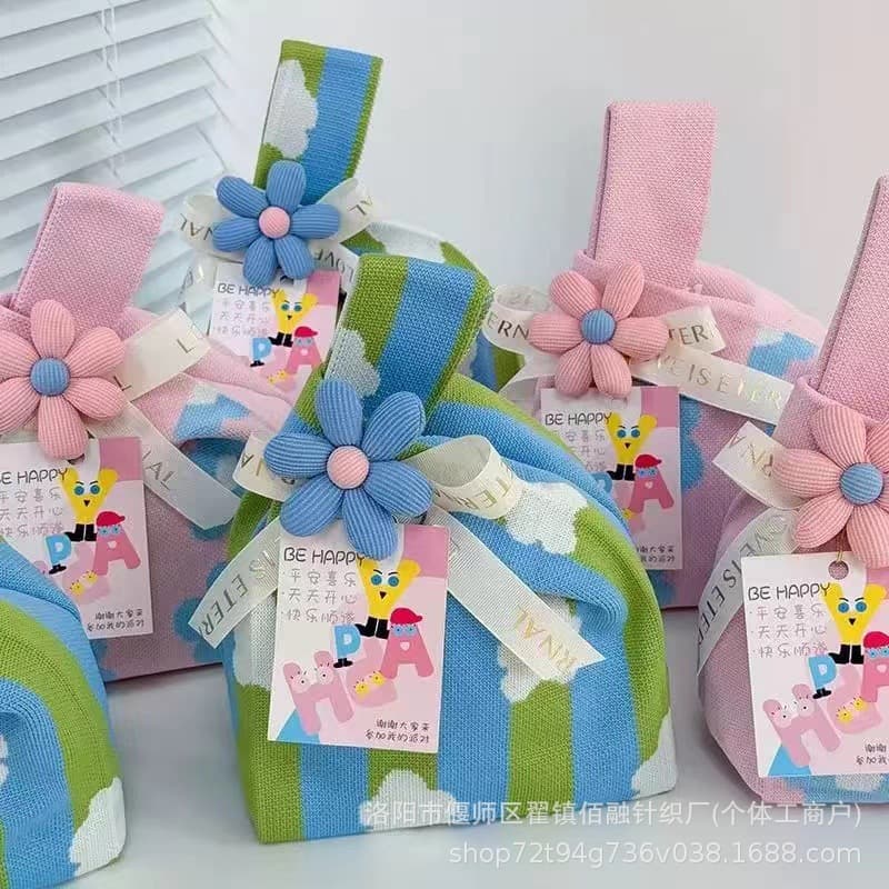 Knitted gift bag for baby party favors, woven bag for children's 100-day celebration, knitted handbag