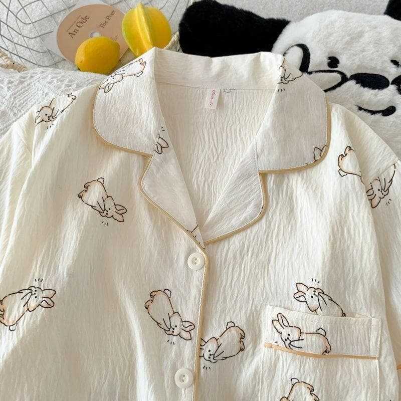New summer loose-fitting and slimming cloud cotton pajamas for plus-size women, two-piece set with cartoon print.