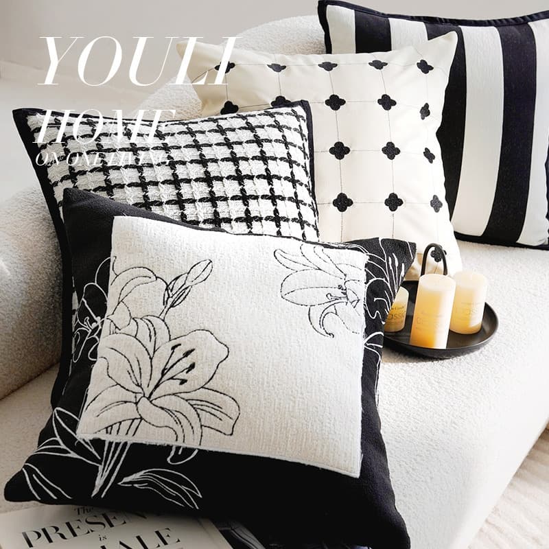 Modern simple pillow, light luxury and high-end cushion, black and white embroidered cushion, bed, living room, sofa pillow case with core