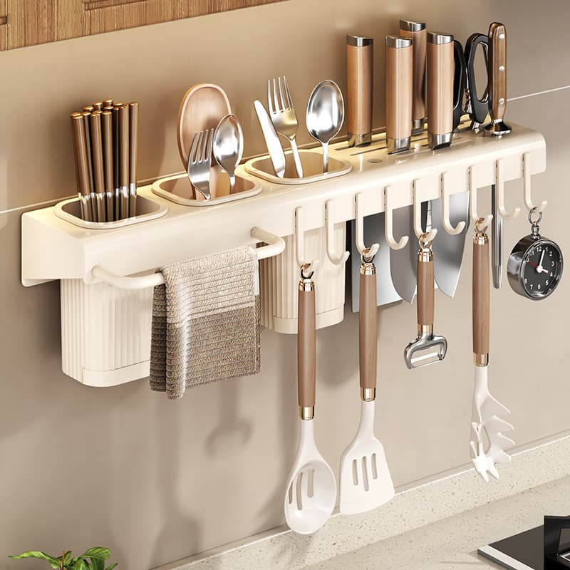 No-Drill Knife Holder Storage Rack Chopstick Container Wall-Mounted Kitchen Knife Stand Multifunctional Storage Rack