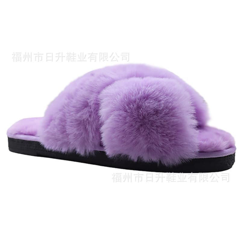 OEM Custom Japan Europe America Autumn Winter Purple Cross Fuzzy Warm Slippers Women Plush Warm Home Slippers