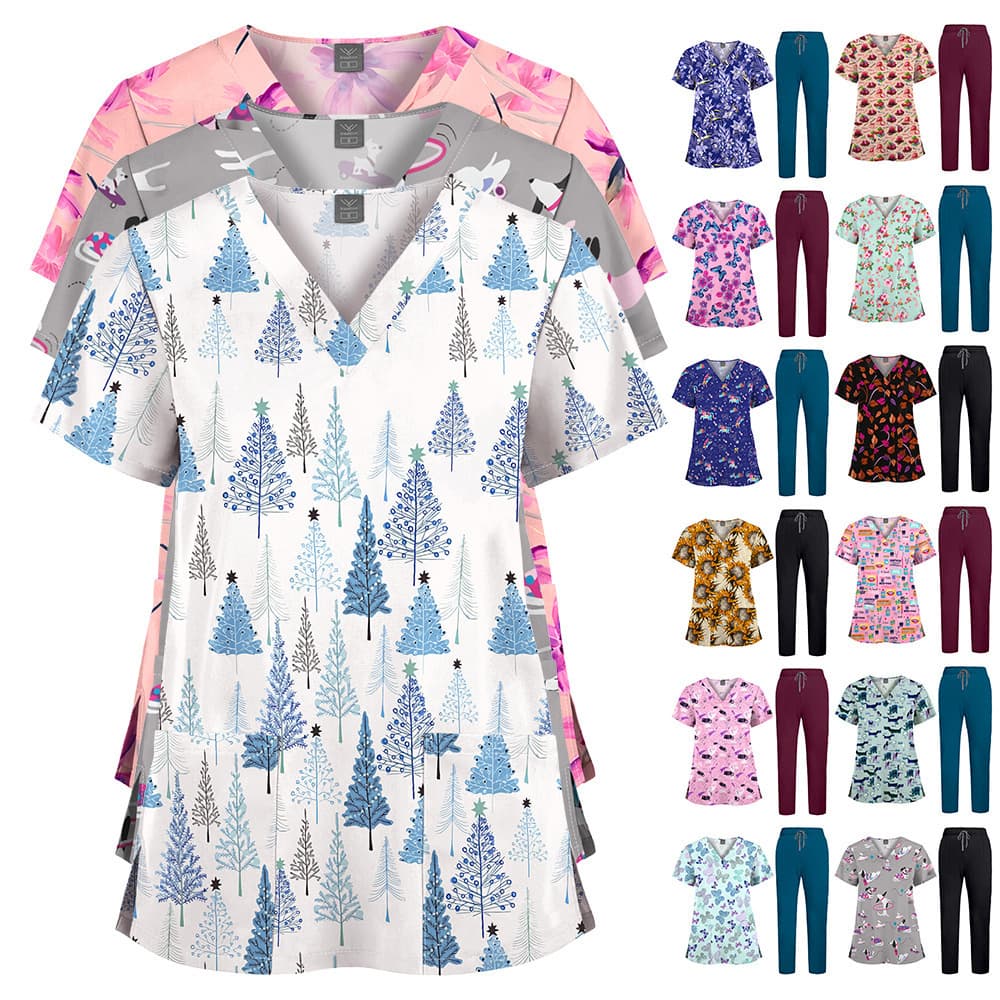 Hot Selling New Printed Scrub Top and Solid Pants Set, Nurse Doctor Hospital Clinic Uniform Two-Piece Workwear