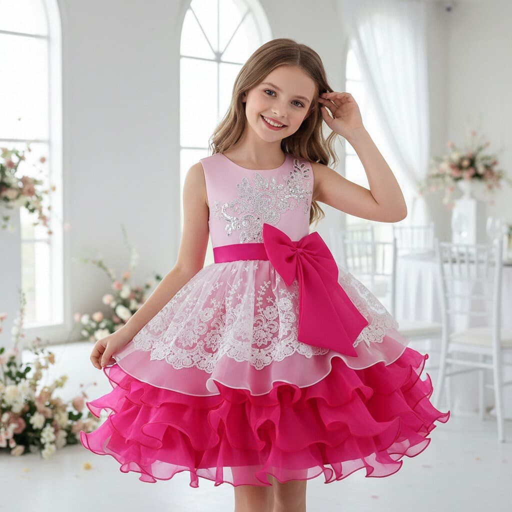 Cross-border stock Large Bow Princess Dress Multi-layer Organza Cake Dress Wedding Flower Girl Dress Birthday Party Gown