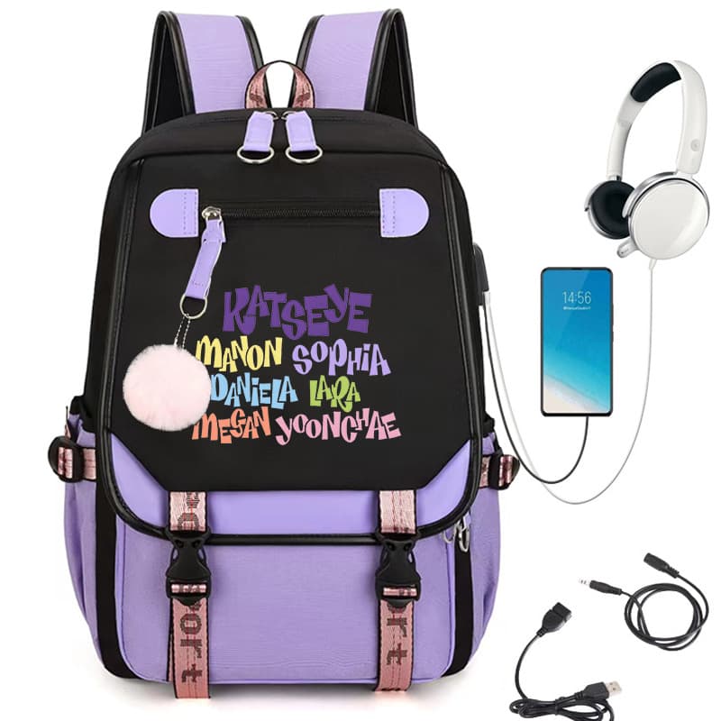 Katseye member name colorful letter backpack USB charging school bag Amazon hot sale 60707
