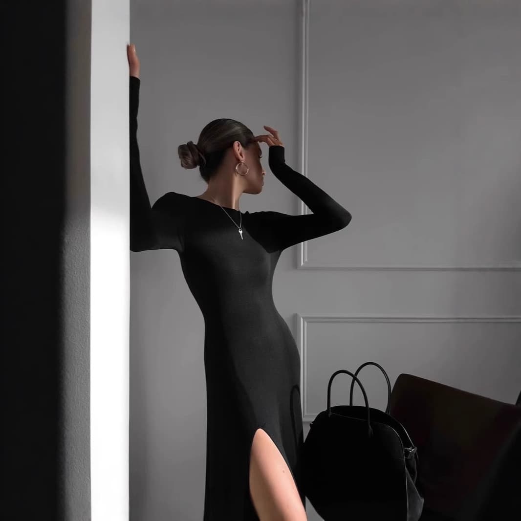 2026 European and American Hot-Selling Sexy Tight-Fitting Slit Knit Long-Sleeve Dress for Women, Soft and Comfortable