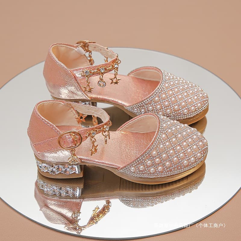 Girls' Single Shoes Sandals Rhinestone Crystal Shoes Stage Heels Princess Dress Shoes Pearl