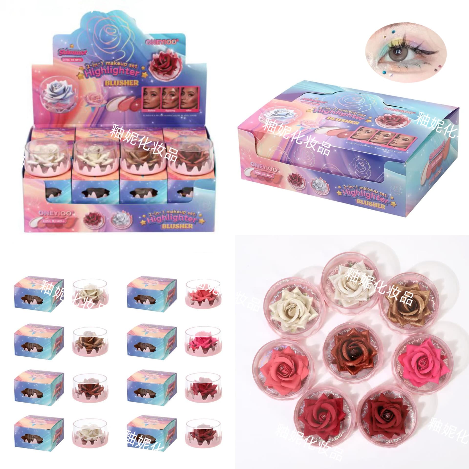 ONEYIOO Rose Flower Diamond Fine Glitter Eyeshadow, Baked Powder Highlighter, Full Body Shimmer, Explosive Sparkle, 3D European and American