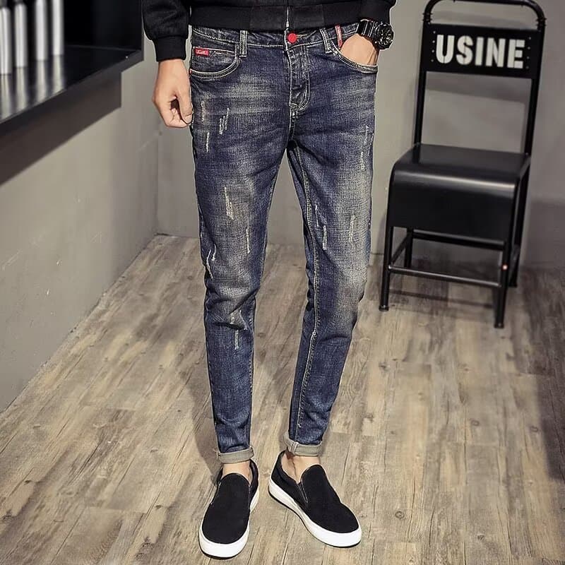 Vintage Denim Pants for Men Fall/Winter Trendy Korean Style Slim Fit Skinny Pants Casual Elastic Ankle Pants